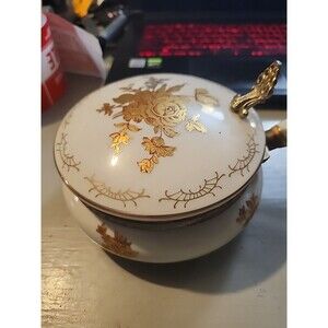 Vintage Porcelain Lidded Serving Pot Handle Gold Gilt Floral Brass Trim Elegant